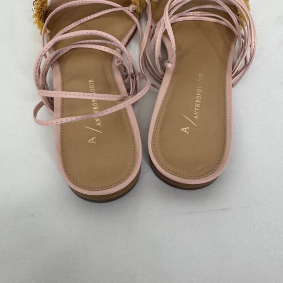 Anthropologie Embellished Tie Up Pink/Rose Raffia Square Toe Sandals New in Box - Picture 11 of 12